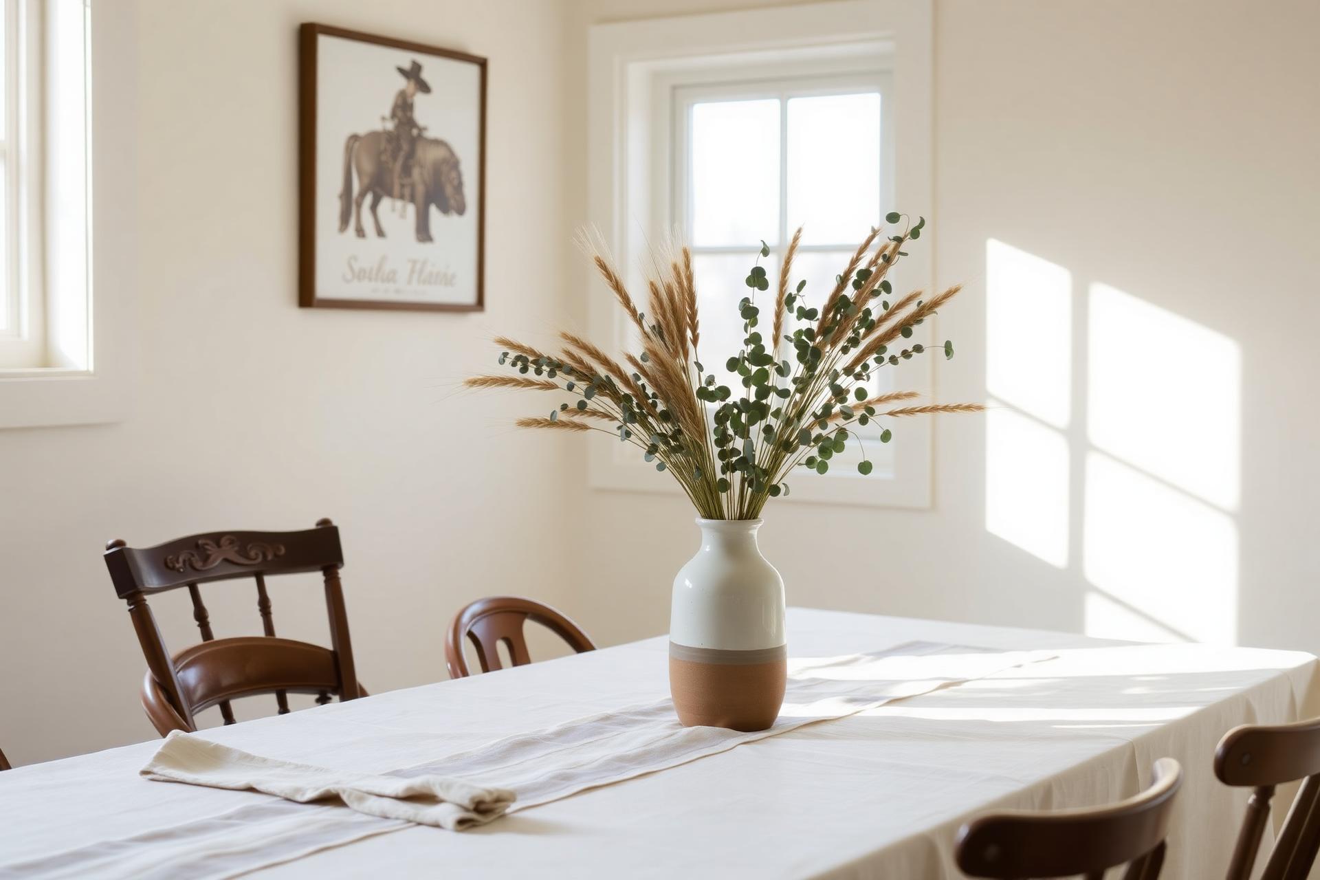 Sunlit linen-covered table with a hand-thrown ceramic vase